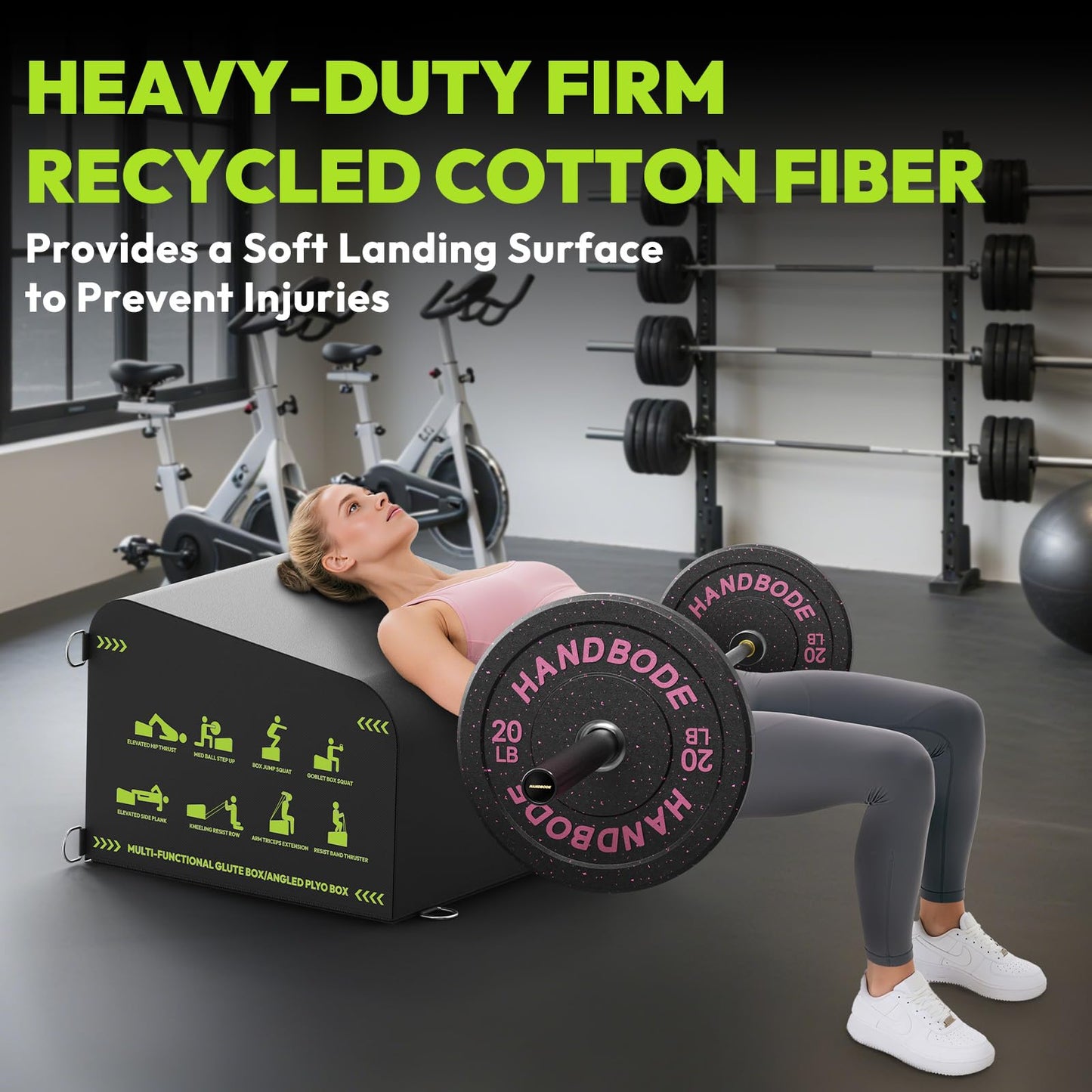Hip Thrust Bench, Multi-Functional Slip-Free Hip Thrust Machine for Glute Bridge, Box Jump, Push-Ups, Squat, Ab Exercise, Suitable for Home & Gym, Includes 100lb Weight Plates & 4.9ft Olympic Bar