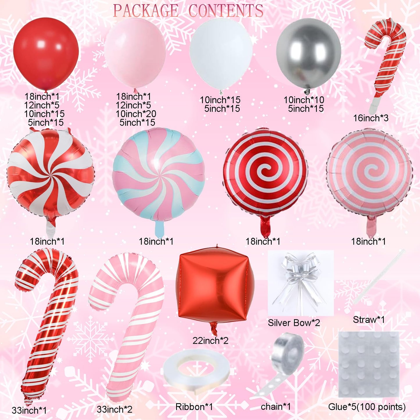 150PCS Christmas Balloon Arch Kit, Pink Red White Silver Balloons Garland with Candy Cane & Lollipop Foil Balloons, Pink Christmas Party Decorations for Xmas Birthday Baby Shower Holiday Decorations