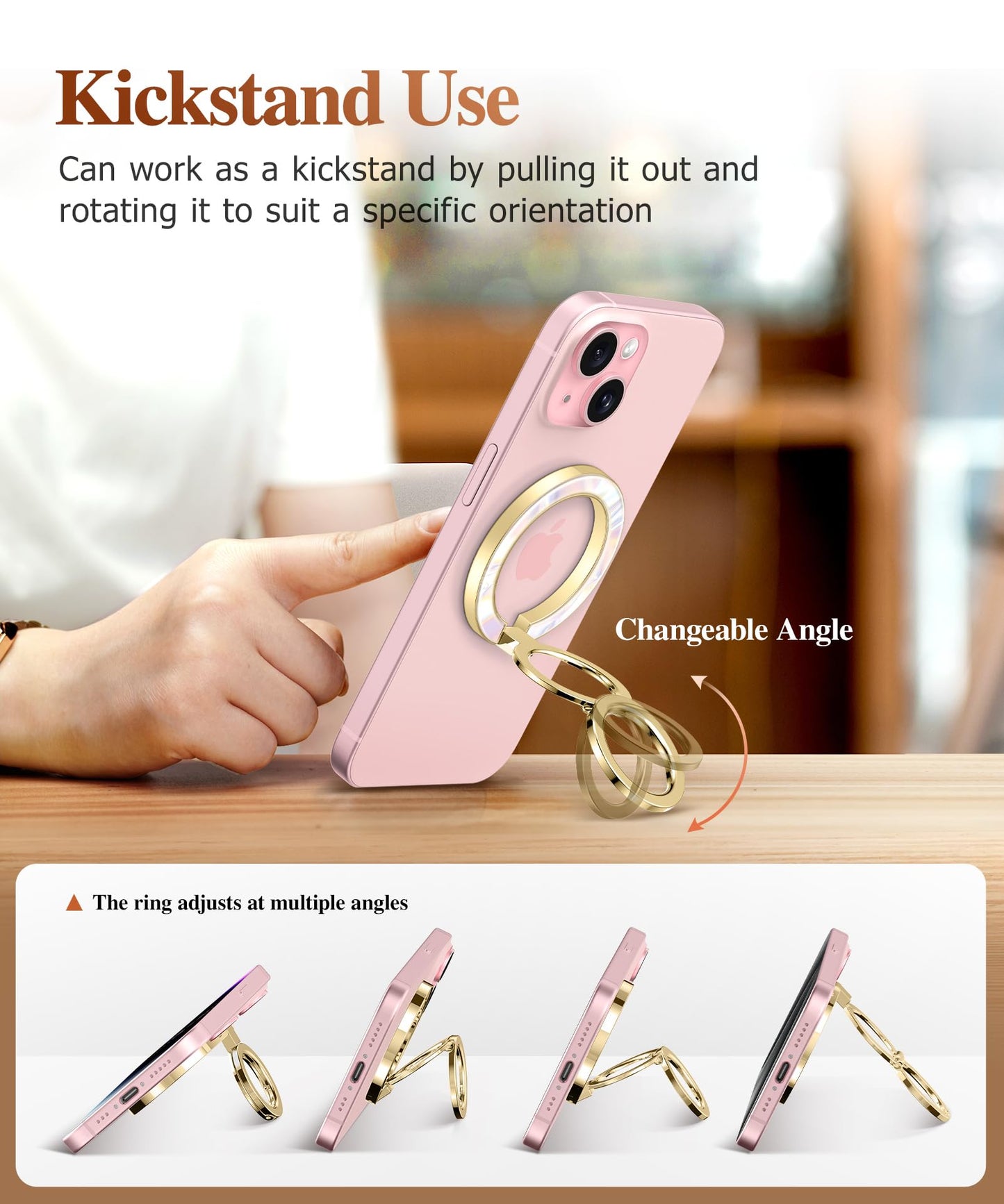 GVIEWIN Magnetic Phone Ring Holder, Compatible with MagSafe Phone Grip with Adjustable Stand, Magnet Phone Ring Kickstand for iPhone 17/16/15/14/13/12 Pro Max Plus Air/Other Phones (Glitter/Silver)