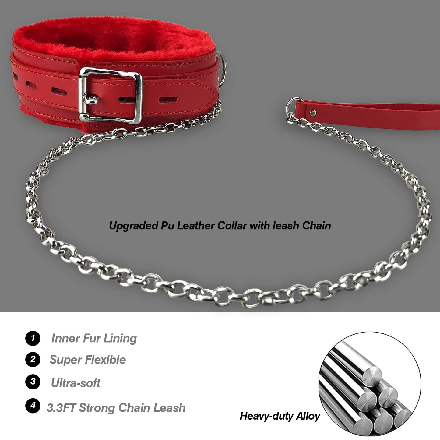 Gothic Leather Choker Collar, PU Leather Fur Lined Pet Collars Necklace with Long and Durable Detachable Leash Chain Pet Collars, Red