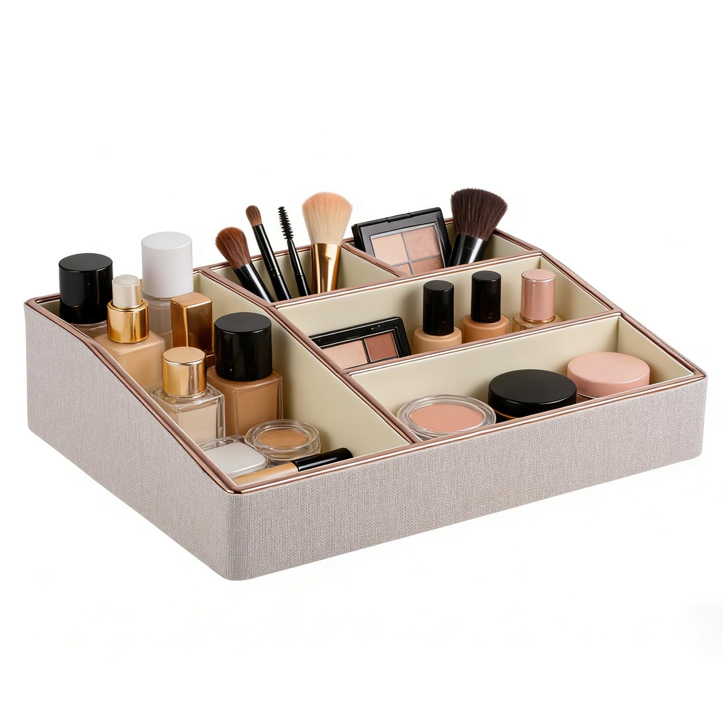 PU Leather Makeup Organizer Tray,Large Vanity Organizer,Cosmetic Storage Box for Lipstick Brushes Skincare Perfume,Cosmetic Display Case Rose Gold-trimmed for Dresser,Bathroom Countertop(Beige)