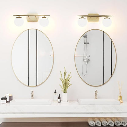 Gold Vanity Lights for Bathroom, 2-Light 20 Inch Bathroom Lighting Fixtures over Mirror with Milky White Frosted Glass Shades, Wall Sconces for Bathroom, Bedroom, Living Room(G9 Bulb not Included)