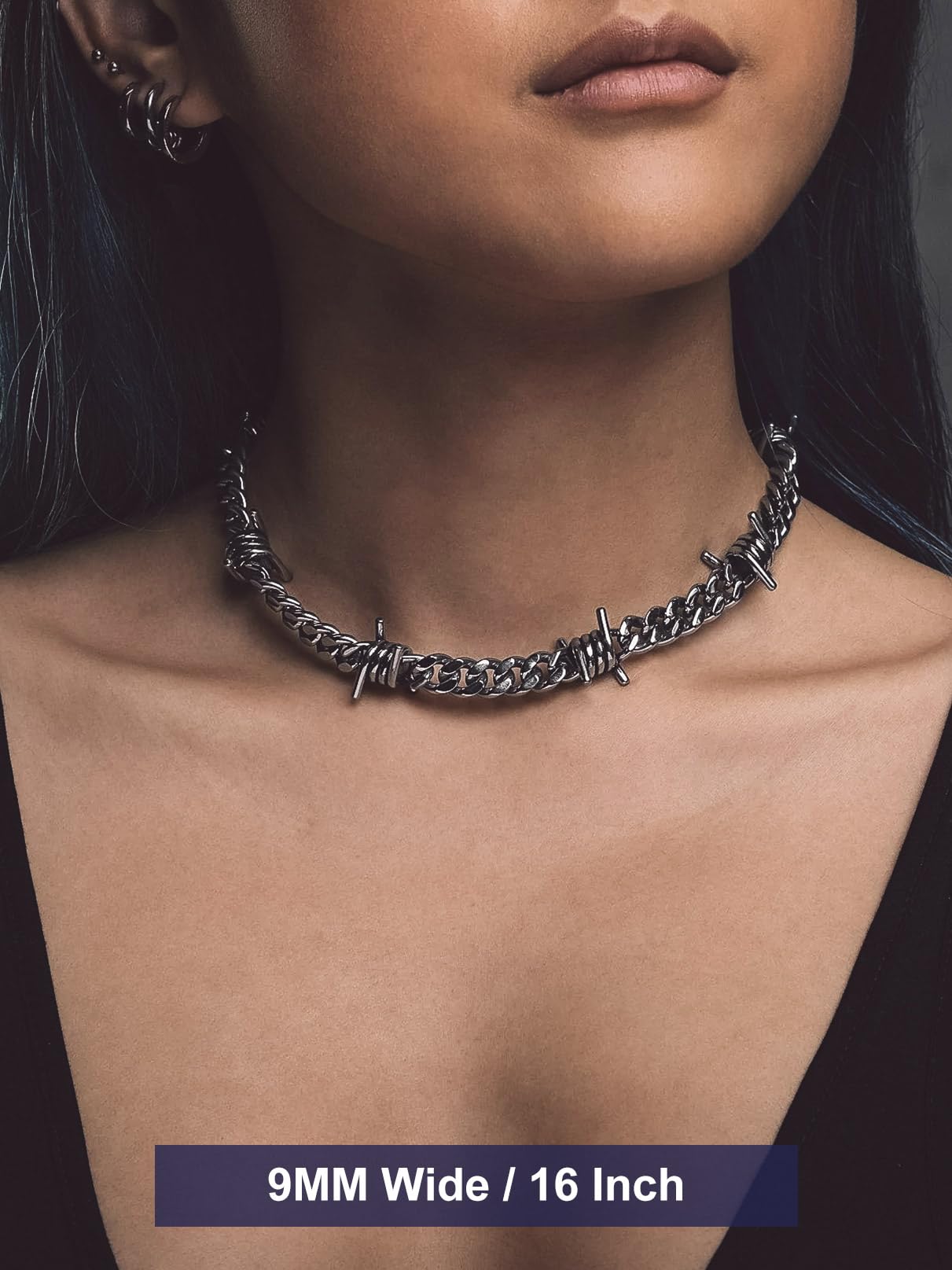 Bandmax Barbed Wire Chain Choker Necklace 16Inch 9MM Stainless Steel Barb Wire Link Chains Punk Emo Gothic Alt Grunge Street Style Thorn Chain Jewelry for Men Women