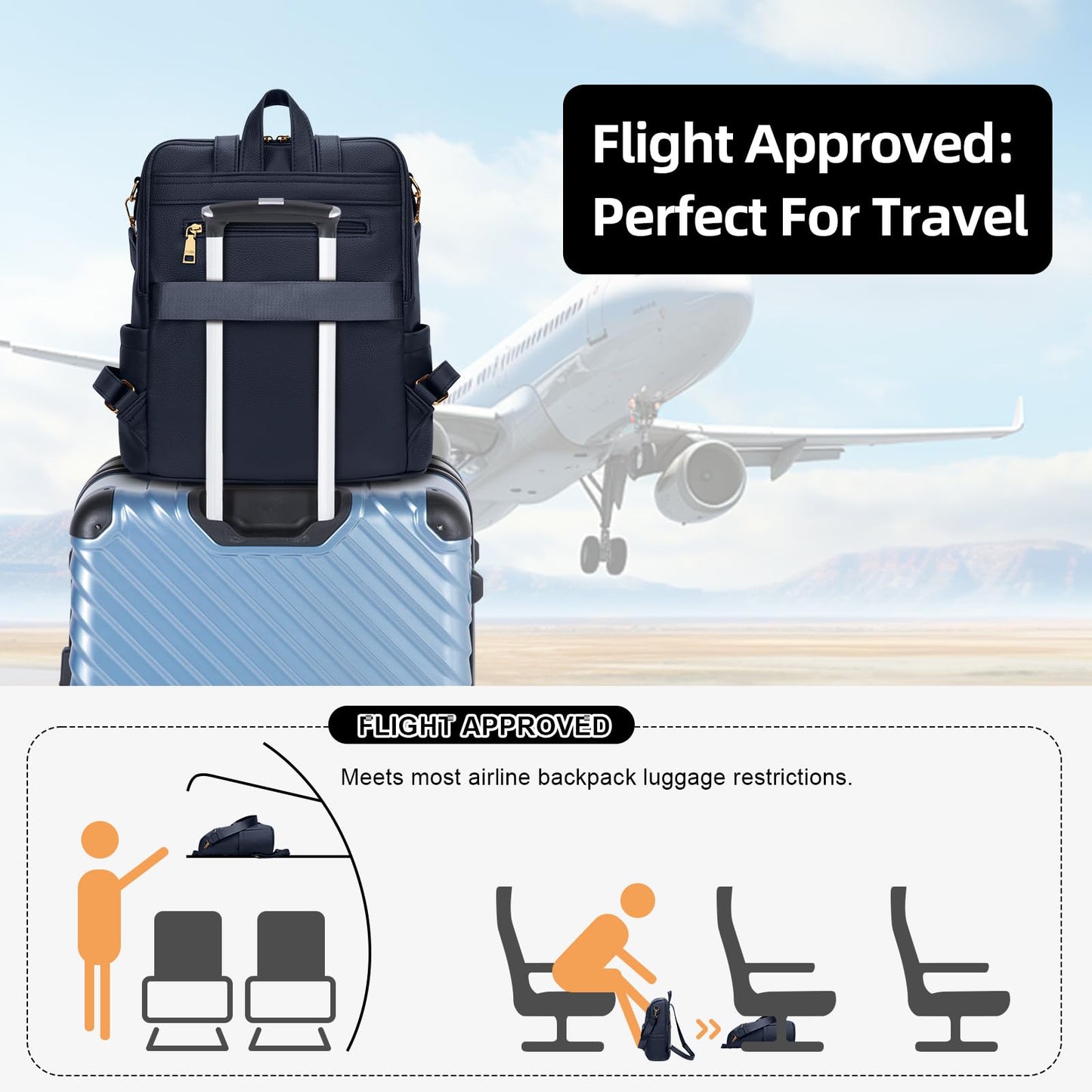 KKXIU Backpack Purse for Women - Multi-pocket Leather backpack for Travel, Work & School with Anti-Theft Lock Pocket, Luggage Strap & Water Bottle Pockets - 13x14x5.2 Inch (Navy)