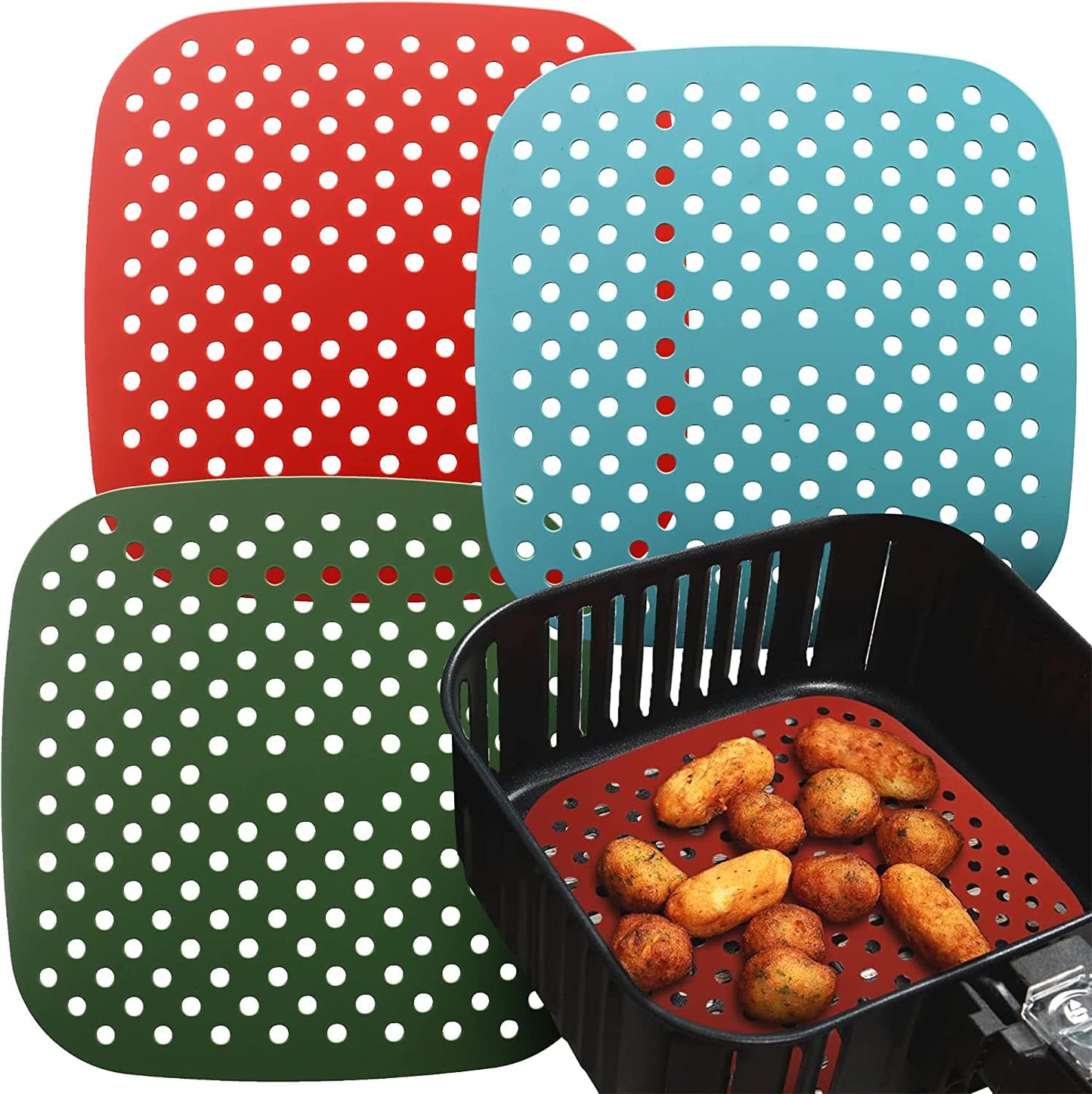 Reusable Square Silicone Air Fryer Liners (8.5 Inch, 3 Pack) by Linda’s Essentials - Non-Stick, Easy-Clean Accessories with Cheat Sheet & Recipe Book, Perfect for Quick Meals