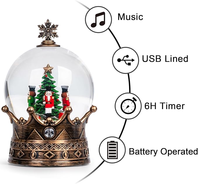 Christmas Snow Globe Lantern Water Glittering Nutcracker Crown with Music, USB Lined/Battery Operated Lighted Lantern for Christmas Festival Decoration Gifts