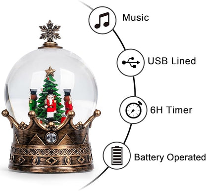 Christmas Snow Globe Lantern Water Glittering Nutcracker Crown with Music, USB Lined/Battery Operated Lighted Lantern for Christmas Festival Decoration Gifts