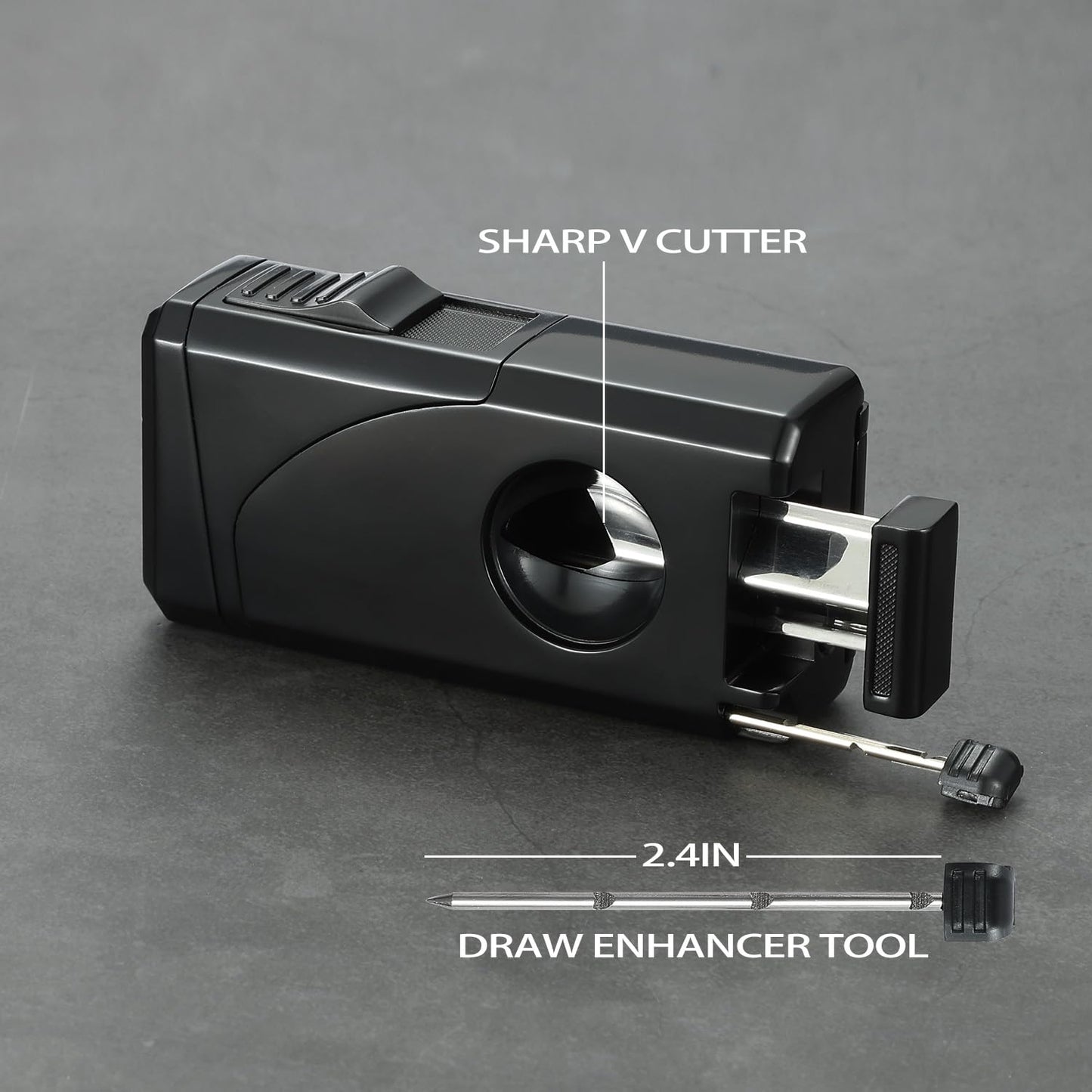 All in One Triple Jet Flame Butane Torch Lighter, Built-in Cutter, Cutter V Cut, Punch, Holder Function, Draw Enhancer Tool, Refillable and Adjustable Windproof Lighter. Black(Sold Without Gas)