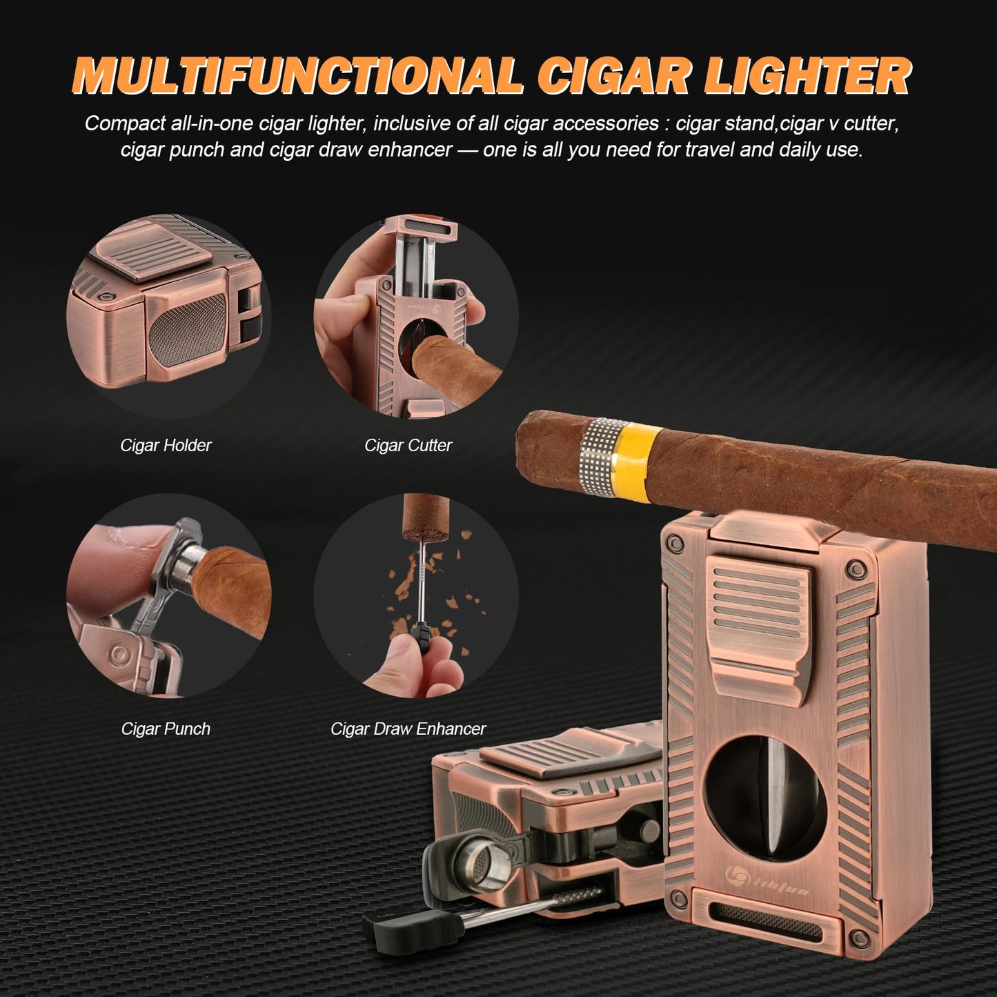LIHTUN Cigar Humidor, Leather Cedar Wood Travel Cigar Case and Multifunctional in 1 Cigar Lighter Set Portable Travel Humidor Box Cigar Gift for Men (Brown)