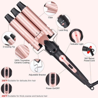 Wand Curling Iron Hair Crimper, Emocci Pro Large 3 Barrel (0.35"-1.25" Ceramic Barrel) Hair Crimper for Women Beach Waves Instant Heat Hair Waver Set for Long Hair Curlers 5-in-1 Curling Wand Set