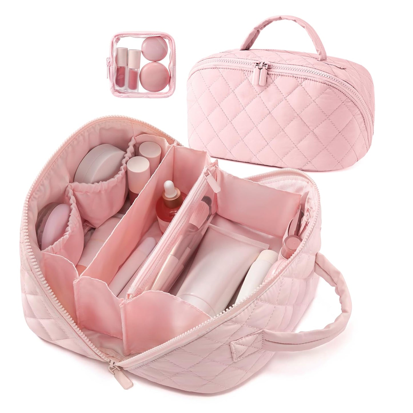 IrisCargo Makeup Bag,Wideopen Toiletry Bag for Women, 180° Lay-Flat Water-Resistant Large Cosmetic Case, Puffy Padded Travel Organizer for Toiletries & Brushes Large Capacity with Compartments
