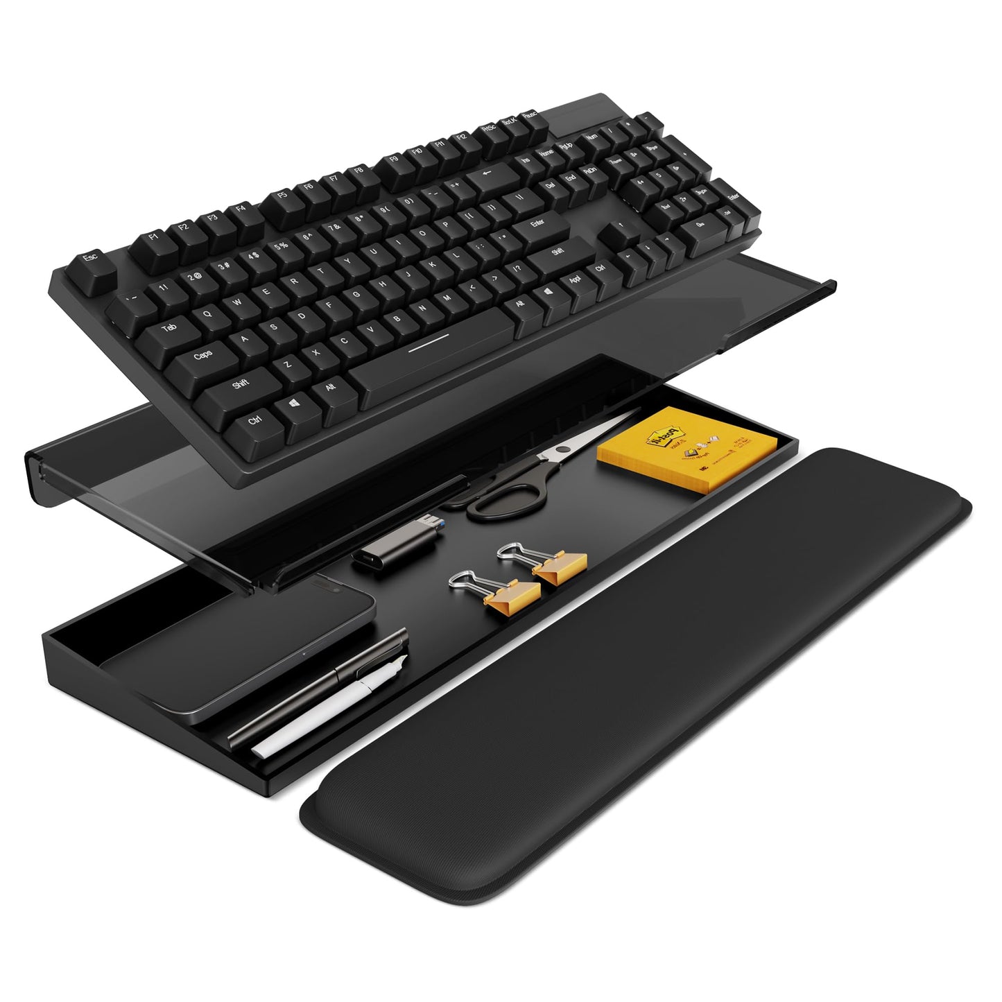 Laborio Computer Keyboard Stand with Storage Box, Keyboard Riser Wrist Rest for Desktop, Office Desk Organizer Accessories(Clear Black)