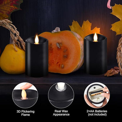 2PCS, 3 x 5 inches Flameless Candle with Remote Control, 3D Flickering Wick, Real Wax Pillar LED Candles, Battery Operated Candles,with Timer,for Holiday Home Decor, Black