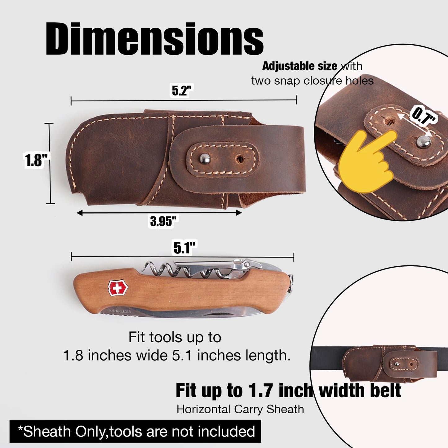 Topstache Leather Pocket Knife Sheath - Belt Loop EDC Belt Organizer - Horizontal Carry Knife Holder- Multitool Sheath with Two Snap Closure for Folding Knife, Darkbrown