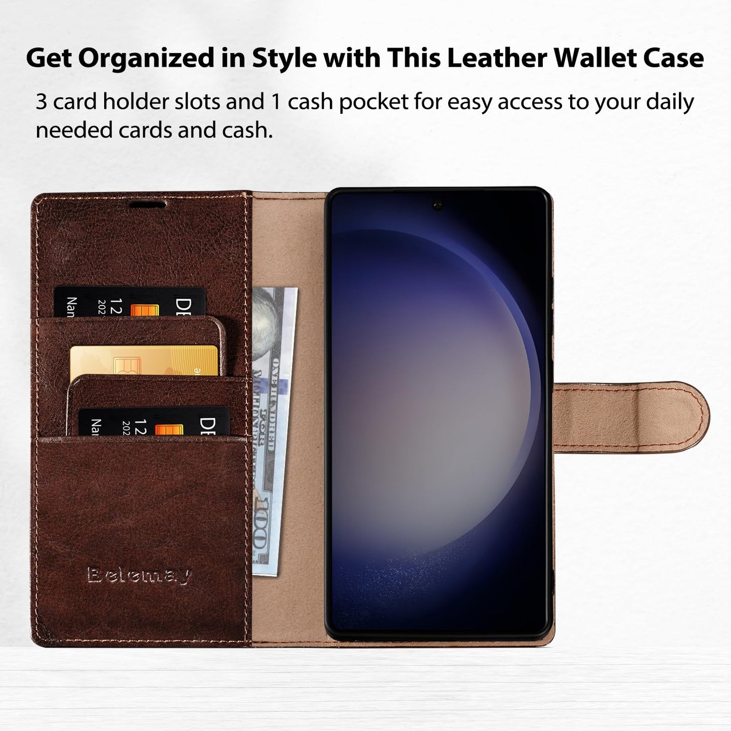 Belemay Wallet Case for Samsung Galaxy S25 Ultra, Two-Tone Genuine Leather [Durable & Protective] RFID Blocking Card Holders, Shockproof TPU Shell, Kickstand, Drop Protection Flip Cover 6.8", Brown
