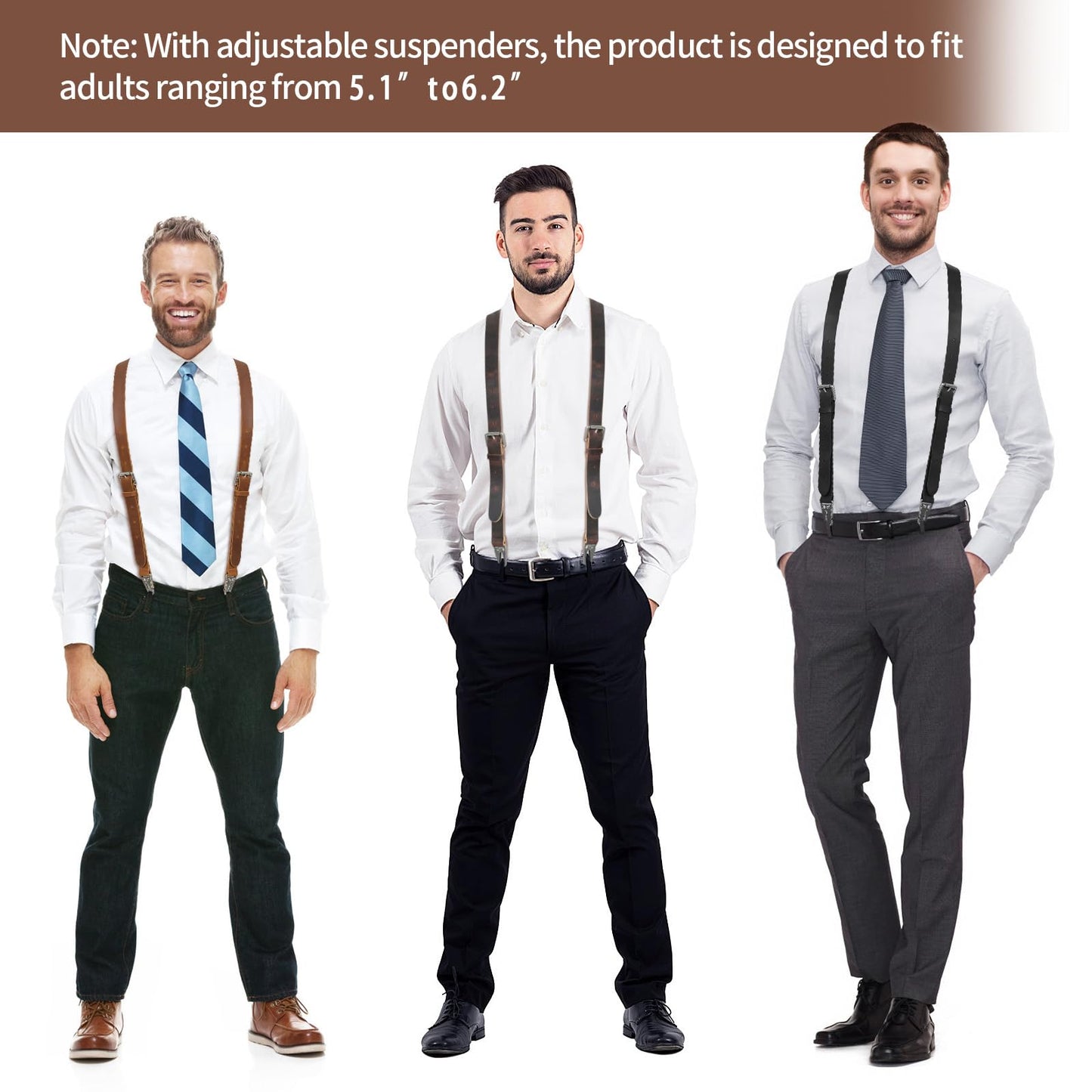 Jack&Chris Genuine Leather X-Shaped Suspenders for Men, Solid 1 Inch Wide Adjustable Heavy Duty Suspenders with Sturdy Clips, Men Accessories For Jeans, Red Brown