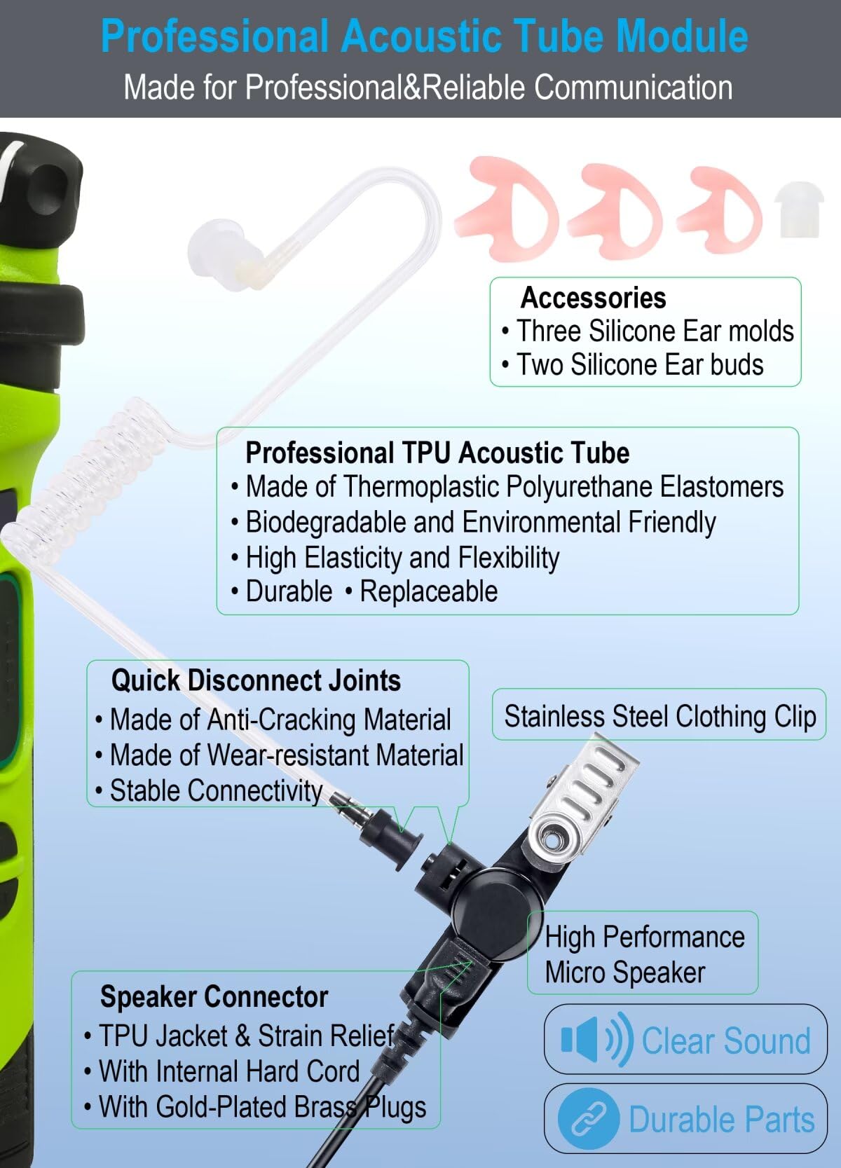 commountain Earpiece with PTT/Mic Compatible for Kenwood Baofeng SAMCOM BTECH Retevis Walkie Talkies Radios and BF-F8HP UV-82HP UV-5R UV82 UV82C UV5X3 TK NX, Acoustic Tube Headset, 2 Pin Style