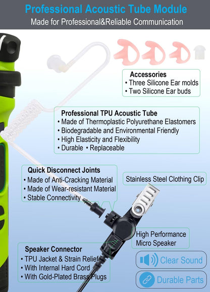 commountain Earpiece with PTT/Mic Compatible for Kenwood Baofeng SAMCOM BTECH Retevis Walkie Talkies Radios and BF-F8HP UV-82HP UV-5R UV82 UV82C UV5X3 TK NX, Acoustic Tube Headset, 2 Pin Style
