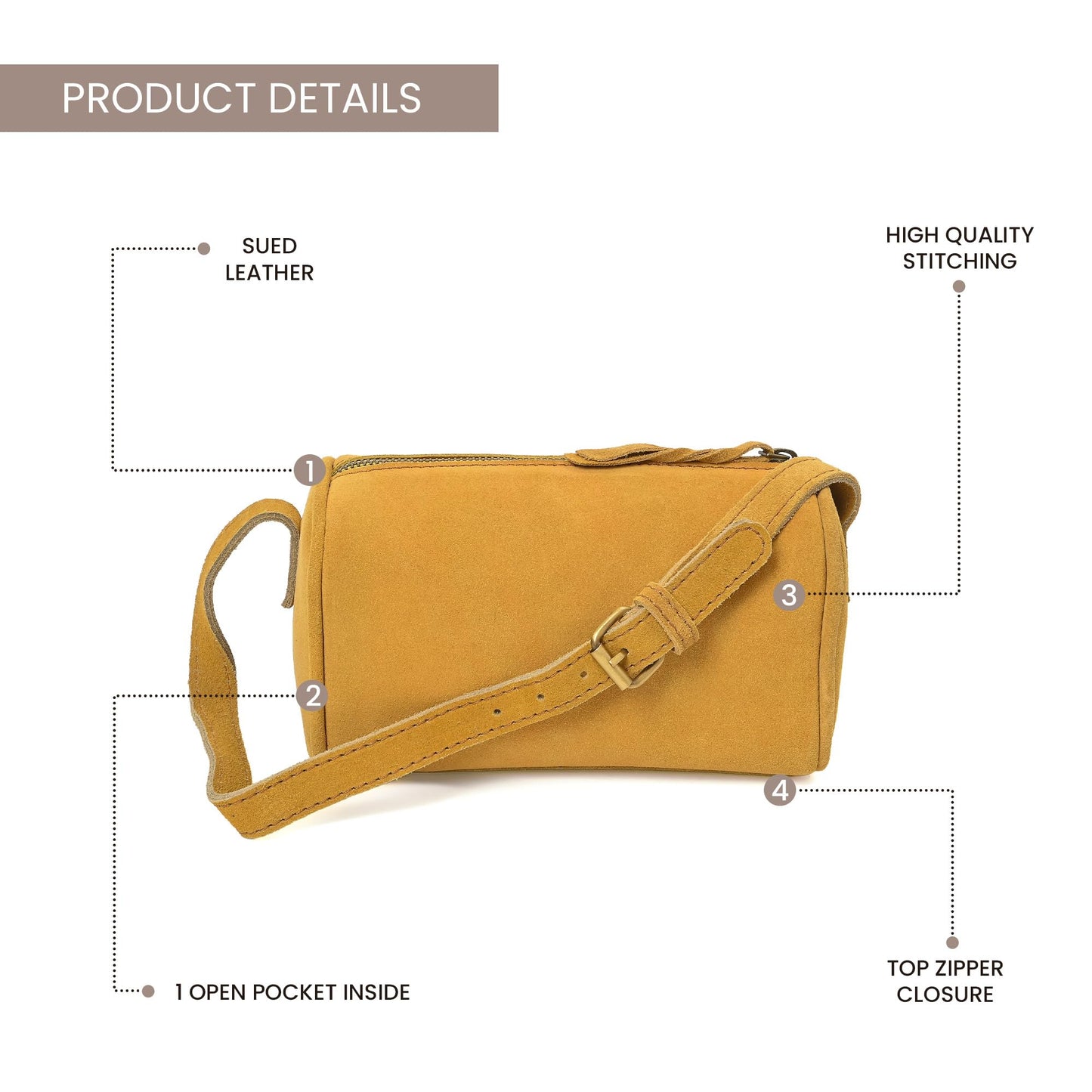 Merbaa Leather Cosmetic Bag for Women with Zipper Closure & Shoulder Strap, Small Genuine Suede Makeup Pouch Organizer Travel Toiletry Case Crossbody Sling Purse. Tan