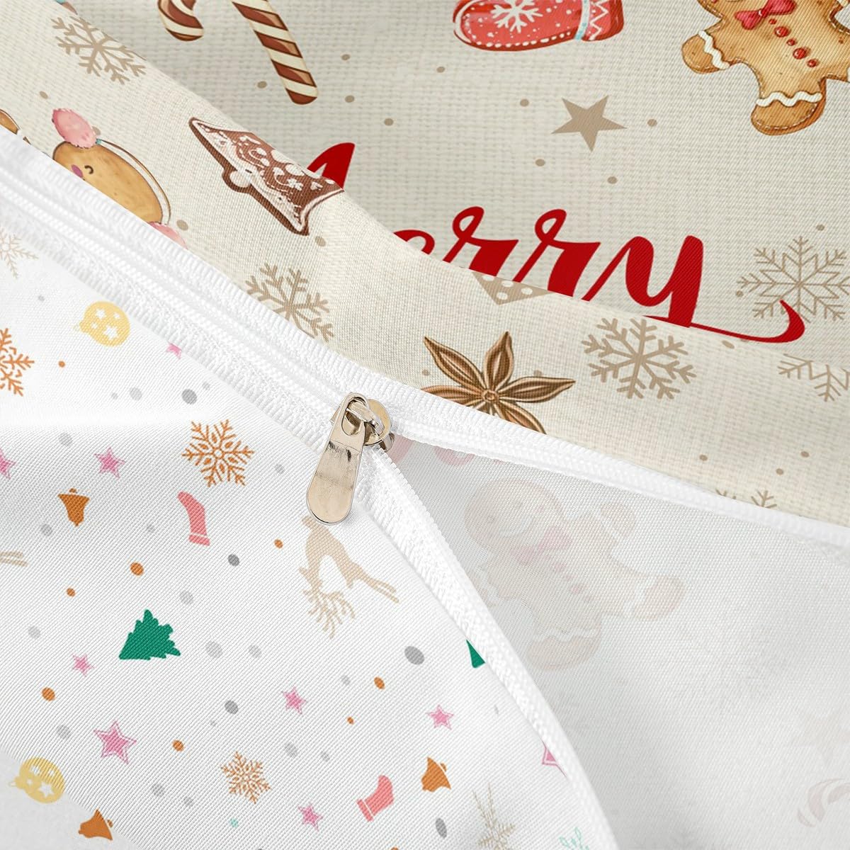 Cute Gingerbread Man Duvet Cover Sets(NO Comforter),Funny Gingerbread Snowflakes and Bells Comforter Cover for Girls Teens,Brown Snowflake Printed Bedding,Cartoon Themed Duvet Set,Queen Size