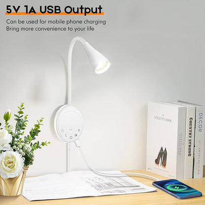 LED Wall Mounted Reading Light, Book Light for Reading in Bed with Touch Control, 5 Dimmable, USB Output, Night Light & Timers Function, Flexible Gooseneck Headboard Bed Lights (White)