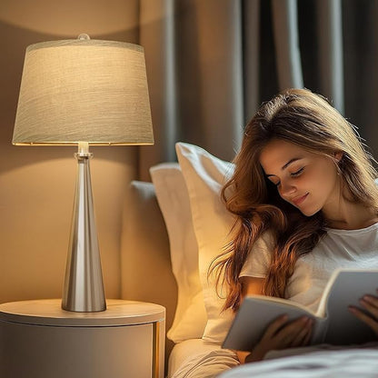 Oneach 25.75" Table Lamps for Living Room Bedroom, Bedside Lamp 3-Way Dimmable Touch Control, Modern Silver Nightstand Light Fabric Shade Vintage Accent Style