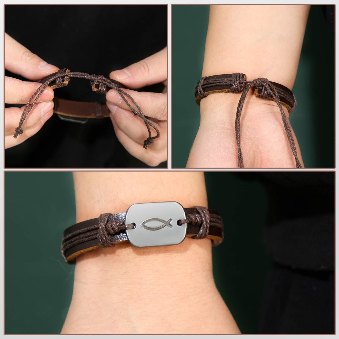 Landical 12 Pcs Fish Bracelet for Men First Communion Confirmation Gifts Men's Leather Wrap Fish Bracelet for Jesus Christian Charms Fishers Bracelets Bulk for Women