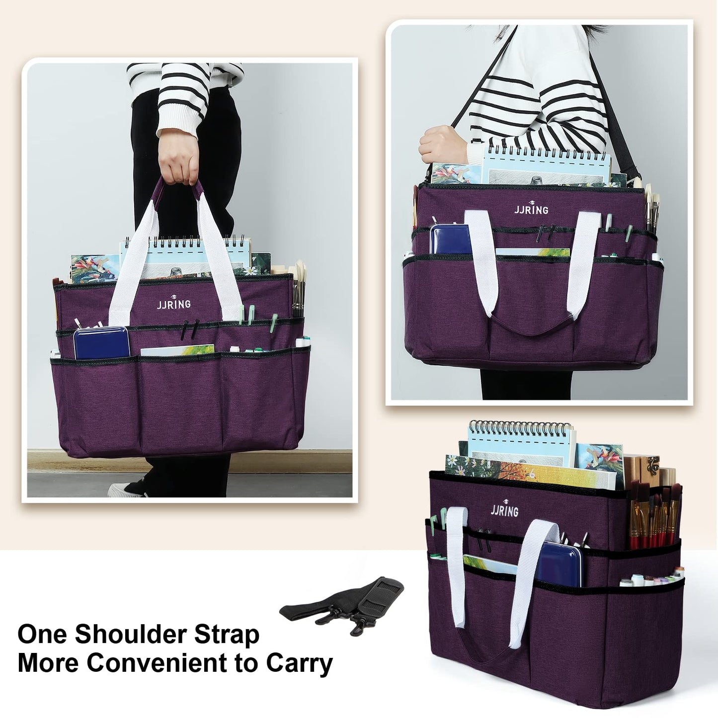 JJRING Craft Organizer Tote Bag, Large Art Storage Caddy with Multiple Pockets, Deep Purple Sewing Bag for Art, Craft, Scrapbooking, Medical, and Office Supplies Storage