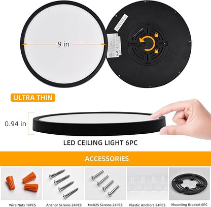 Hlite 6pack 9 Inch Flush Mount LED Ceiling Light Fixture,18W 1800LM Super Slim Light Fixtures Ceiling Mount 3000K/4000K/5000K 3CCT Selectable,Ceiling Light Fixtures for Kitchen,Bedroom(Black)