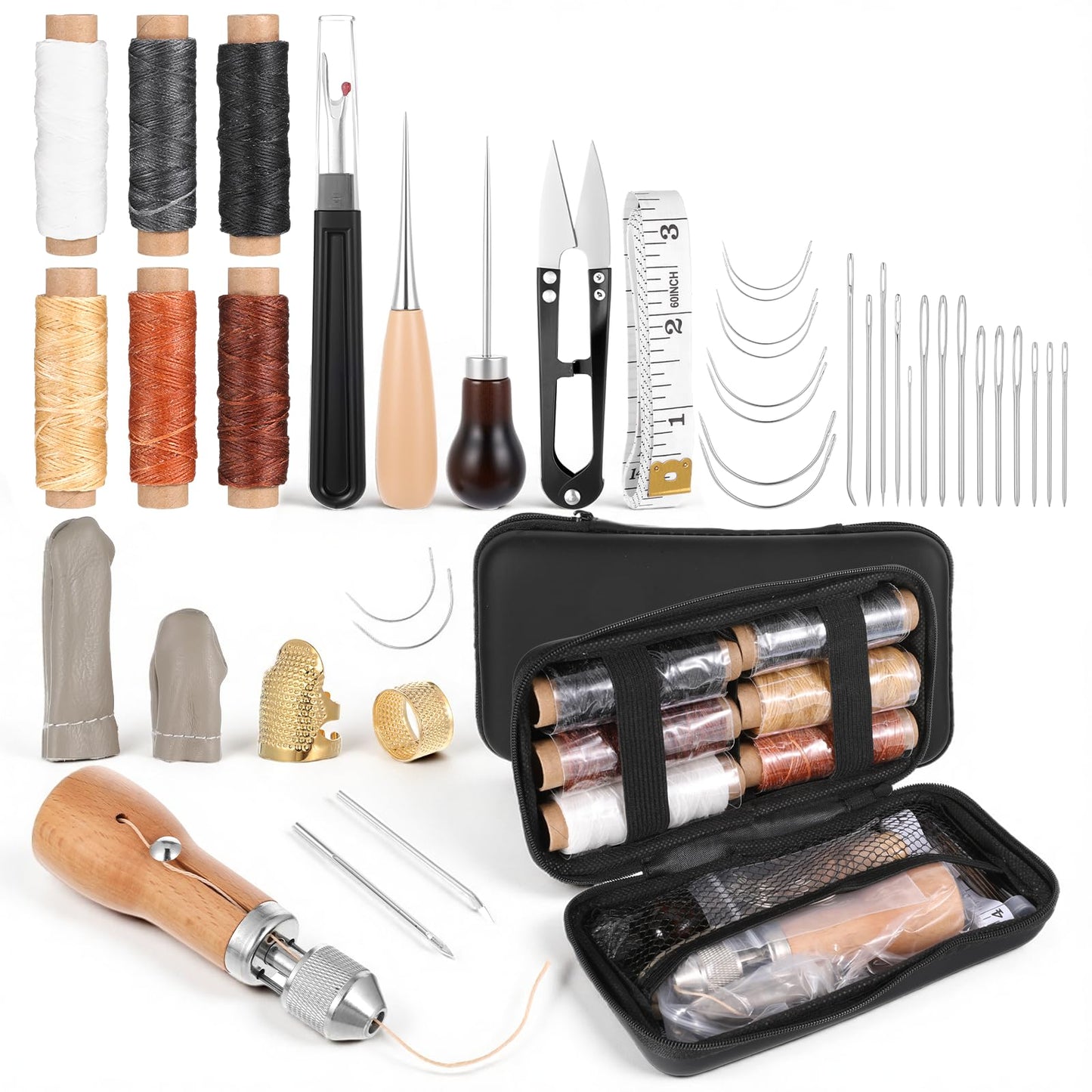 SHENLIU 40 Pcs Sewing Awl Kit with Bag, Leather Sewing Thread, Waxed Thread Kit Quick Sewings, Portable Awl Tool Sewings Sew Repair Kits Supplies for DIY Leather Sew Repair Craft
