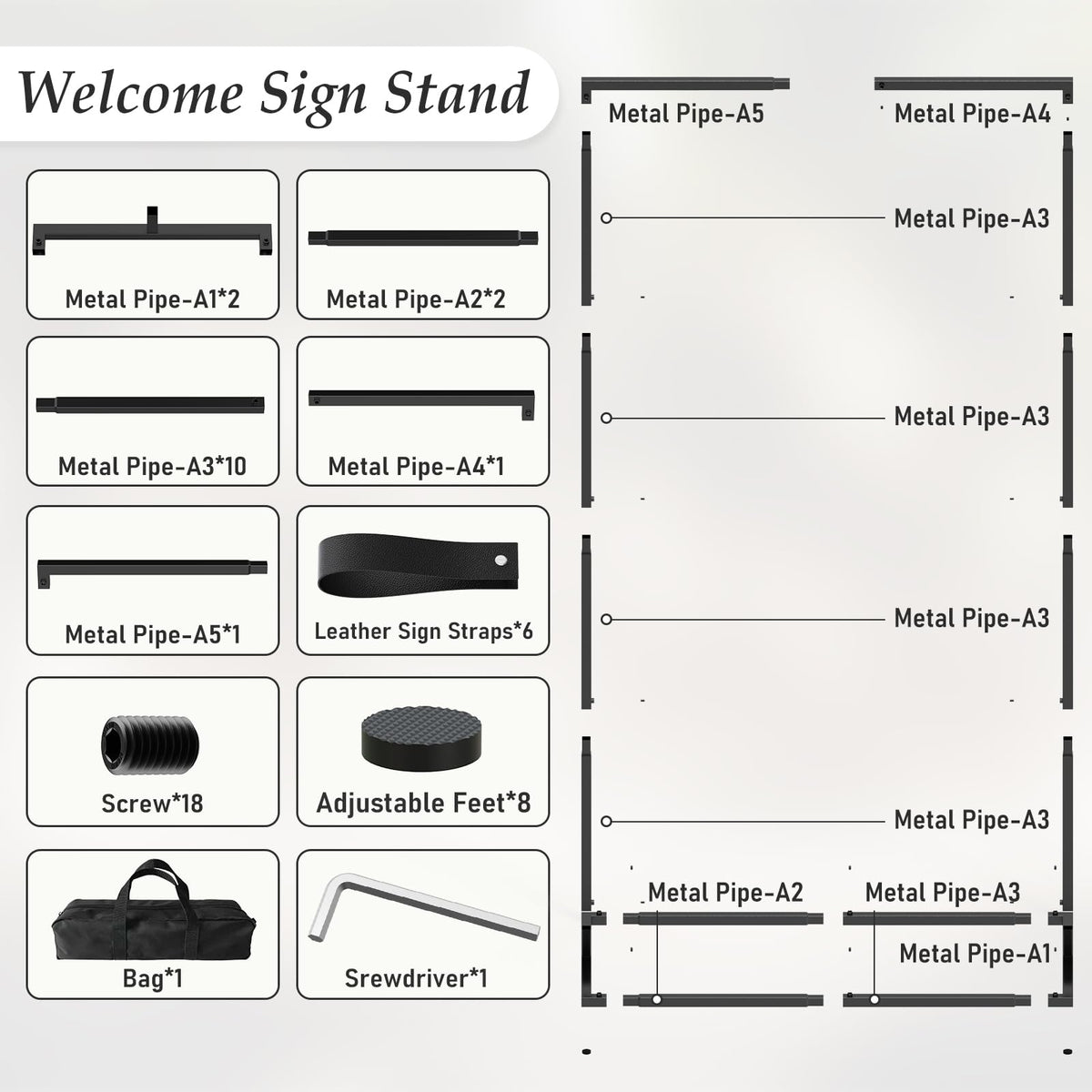 HzTinT Wedding Sign Stand, Adjustable Wedding Welcome Sign Stand with Carry Bag, Leather Hanging Straps, 8 Floor Pads - Black Easel Stand for Seating Charts & Wedding Decor