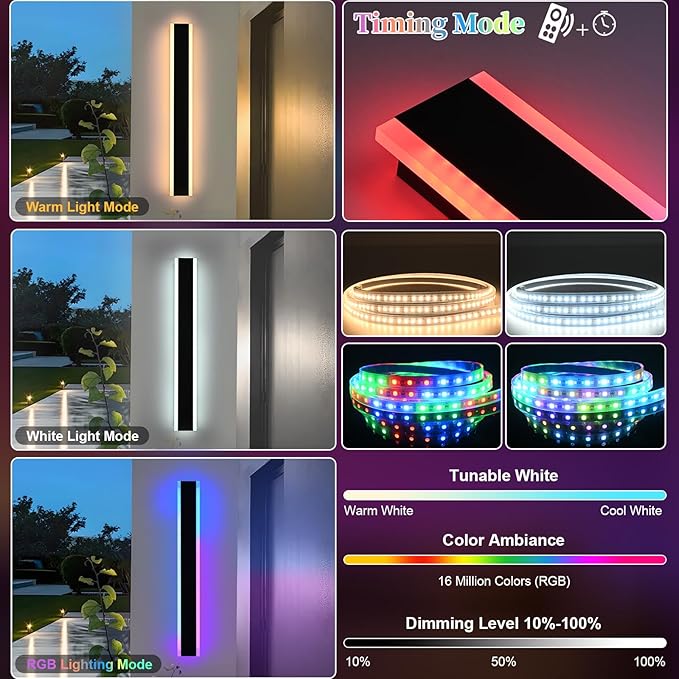 2 Pack RGB Outdoor Led Wall Light for House,60 inch Modern Long Outdoor Wall Lights,Dimmable Large Outside Linear Light Fixture,Exterior Long Linear Light for Porch,Patio,Garage,Enterway