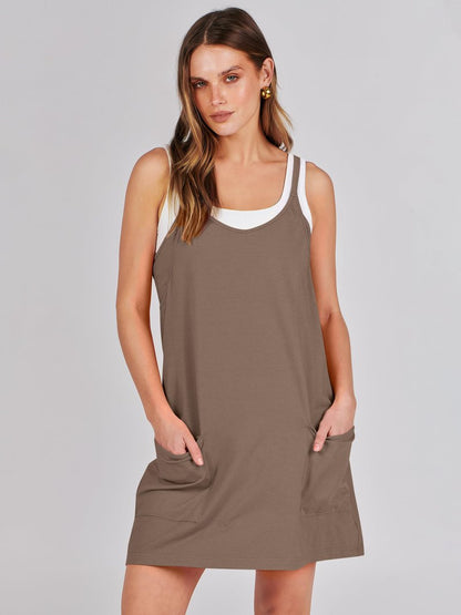 Caracilia Womens Summer Mini Dress 2025 Casual Sleeveless Built in Shapewear Sundress Trendy Short Tennis Athletic Outfits Coffee Medium