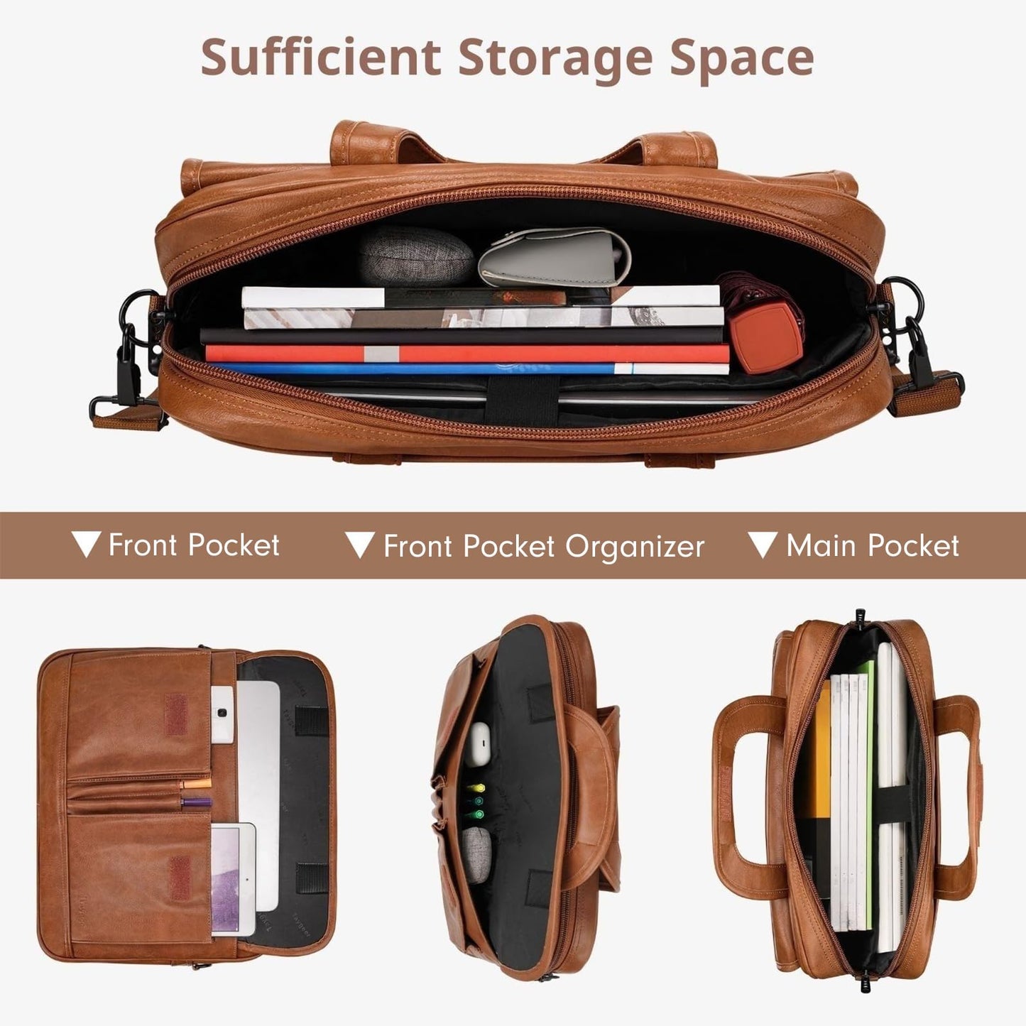 Taygeer Leather Laptop Bag for Men Women, Premium Laptop Briefcase Fits Up to 15.6 Inch Notebook, Waterproof Portable Shoulder Messenger Crossbody Bag Carry On Case for Travel Business Office, Brown