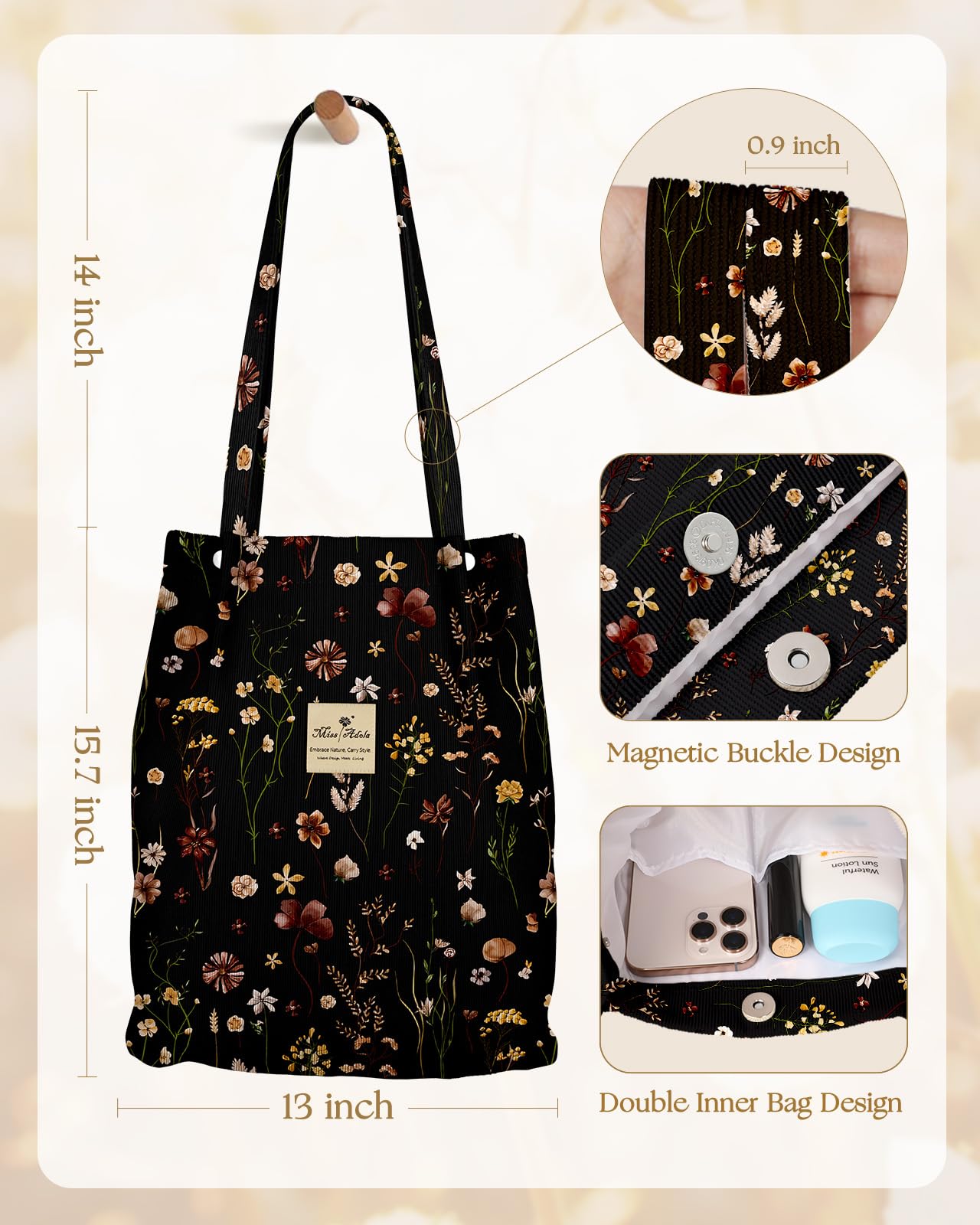 Miss Adola Corduroy Tote Bag for Women - Reusable Totes with Magnetic Buckle & Pocket Stylish Aesthetic Design Work Bags for Shopping Travel Grocery Bags, Black Grow Flower