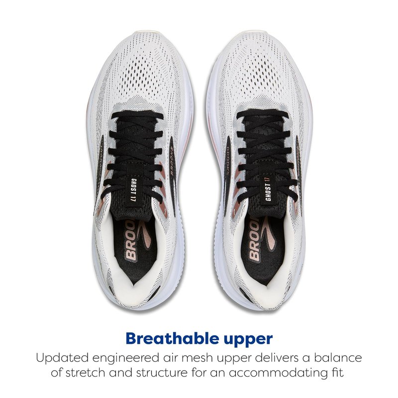 Brooks Women’s Ghost 17 Neutral Running Shoe - White/Black/Rose Gold - 7.5 Medium