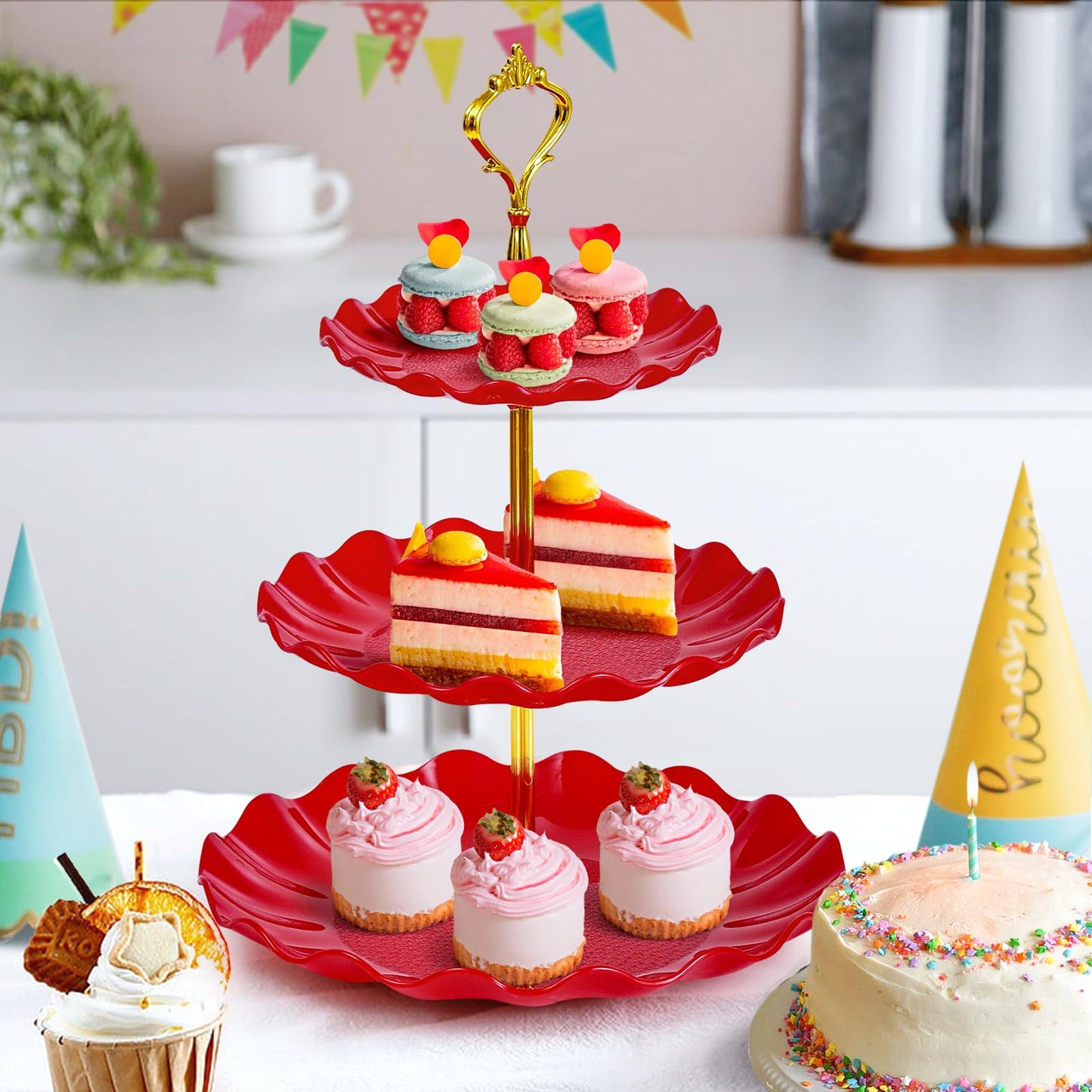 Soleebee 3-Tier Cupcake Stand, Wavy Plastic Tiered Serving Tray, Cup Cake Tower for Birthday Wedding Party Decoration, Cupcake Tier Stand Fruits Desserts Display 2 Pack (Red)