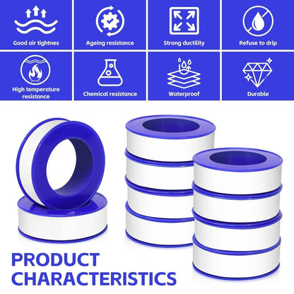 KUQQI 12 Rolls Teflon Tape for Plumbers, 1/2 x 520 Inches PTFE Thread Seal Tape, White Pipe Sealant for Shower Head, Water Pipe Sealing and Leak Prevention, Sealing Tape for Threaded Connections