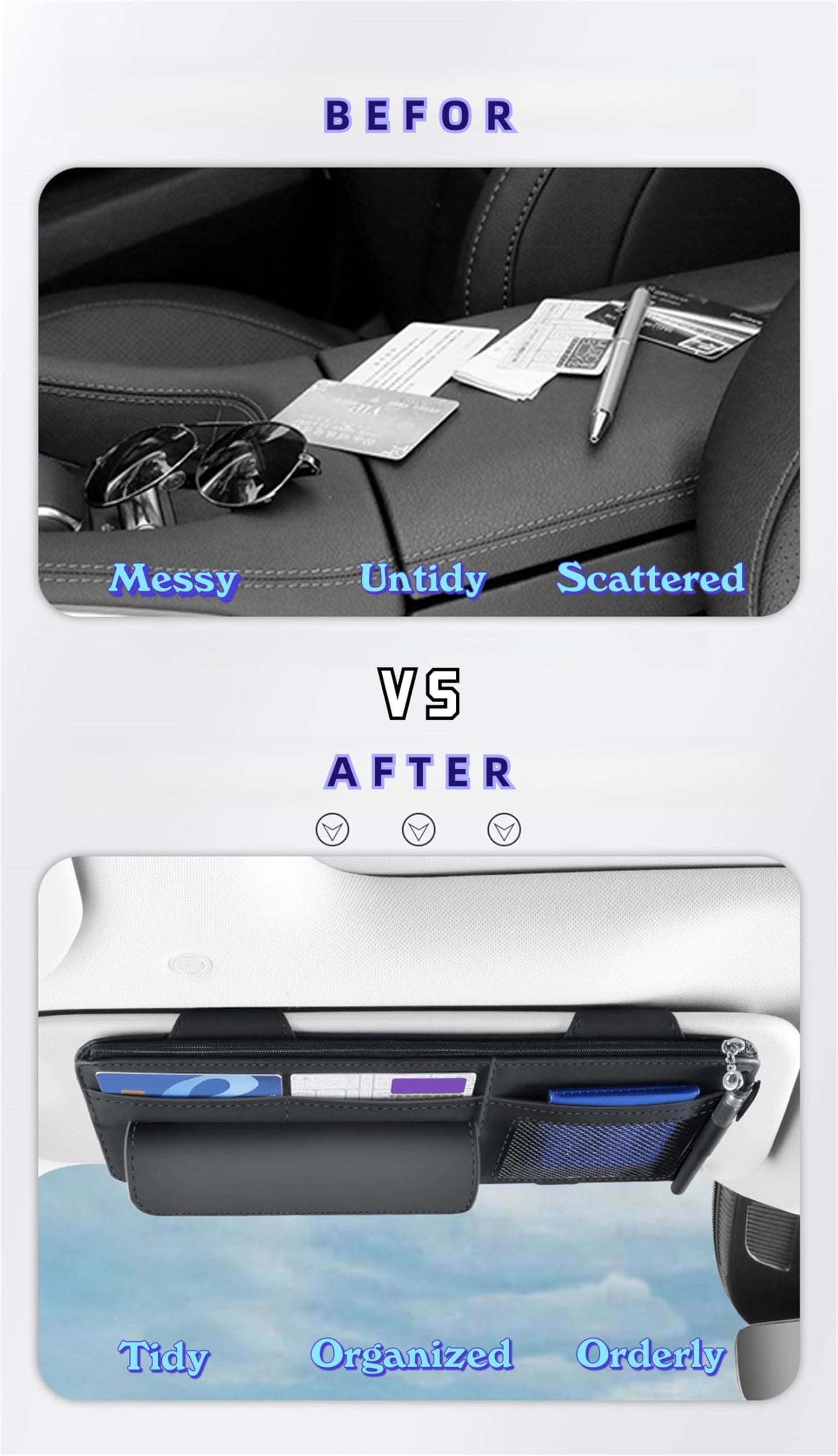 WiiLemz Car Visor Organizer, Multi-Pocket Sunvisor Storage with Sunglass Holder, Document Holder and Visor Card Clip, Fit for AUTO SUV & Truck, Leather Car Accessories Interior (Grey)