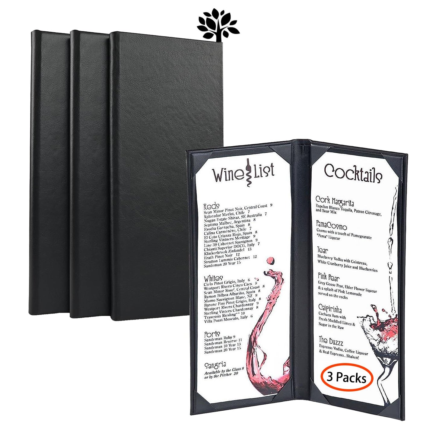 3 Packs of 4.25 x 11 inches Leather Menu Covers with Strong Wood Inside, 2 View Leather Menu Holder Book Style Double Fold Panel for Restaurant Coffee Bars Cocktail（4.25”x11” /2 Views/3 Pcs）
