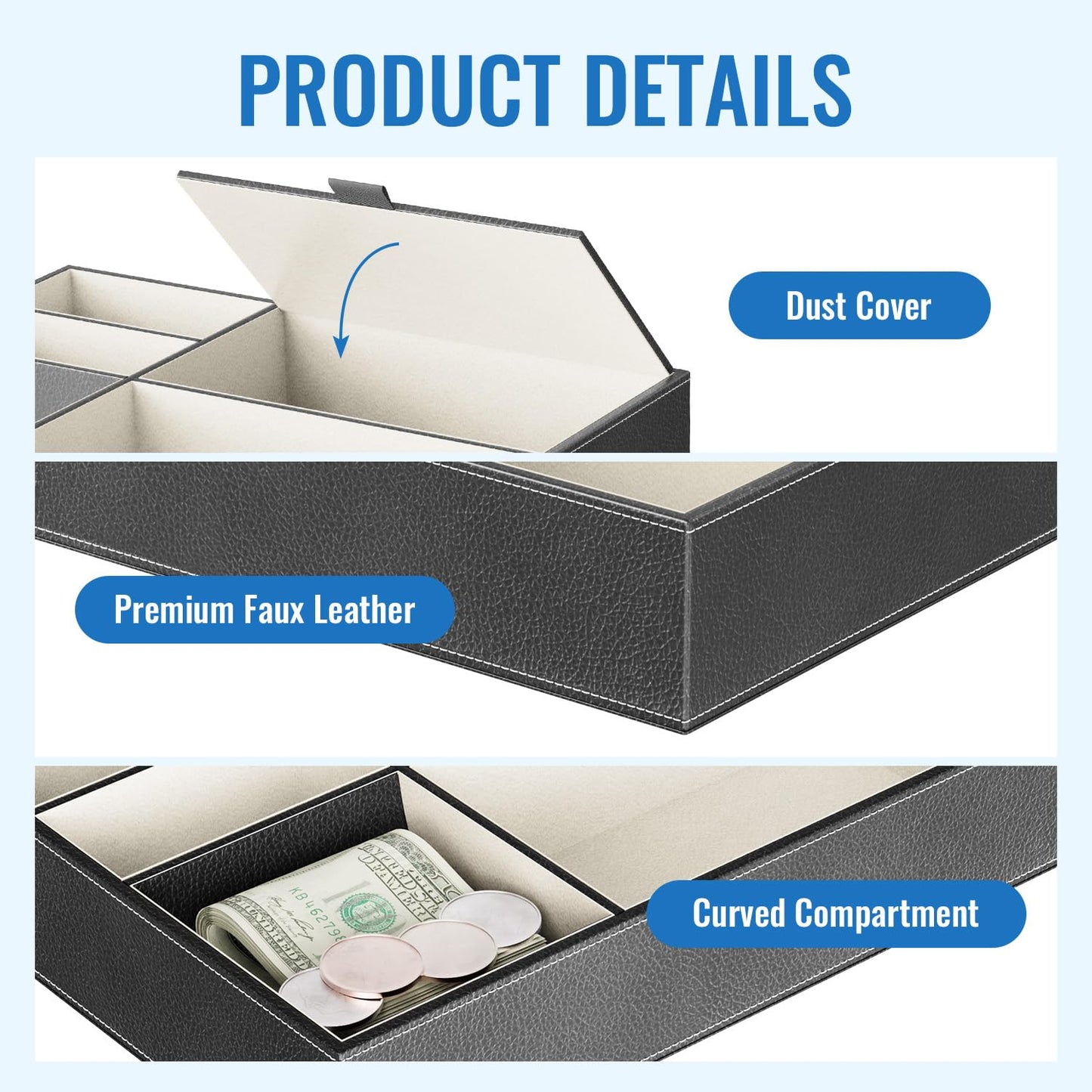 Baoyun Mens Valet Tray Organizer, Mens Jewelry Box, Nightstand Organizer for Men with 5 compartments, Faux Leather Key Tray for Entryway Table, Bedside Storage for Watch, Coin, Phone Gifts for Men