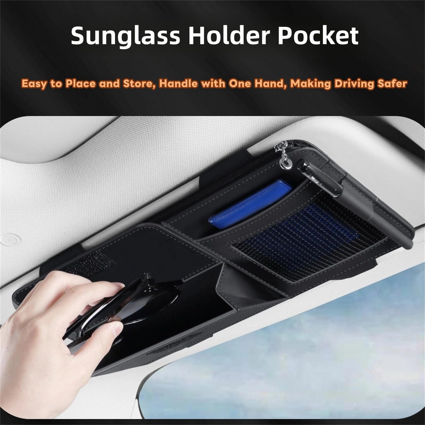 WiiLemz Car Visor Organizer, Multi-Pocket Sunvisor Storage with Sunglass Holder, Document Holder and Visor Card Clip, Fit for AUTO SUV & Truck, Leather Car Accessories Interior (Grey)