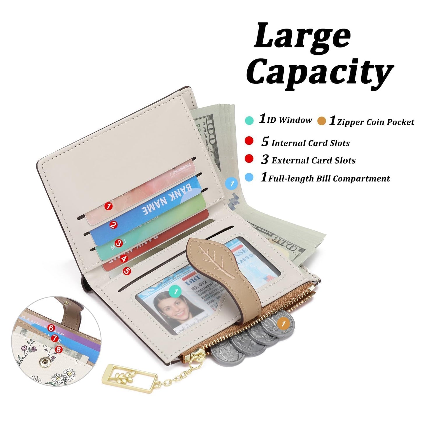 GAEKEAO Small Wallets for Women RFID Blocking Bifold Floral Vegan Leather Wallet Card Holder with Zipper Pocket ID Window