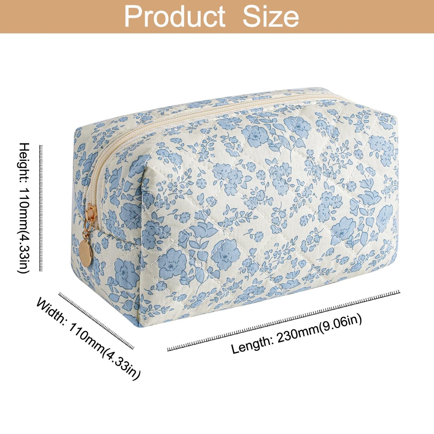 HHQQWZ Makeup Bag Travel Cosmetic Bag for Women Girls, Zipper Make Up Pouch, Floral Flowers Toiletry Organizer Makeup, Portable Storage Cosmetic Travel Cloth Bag (Blue Floral)
