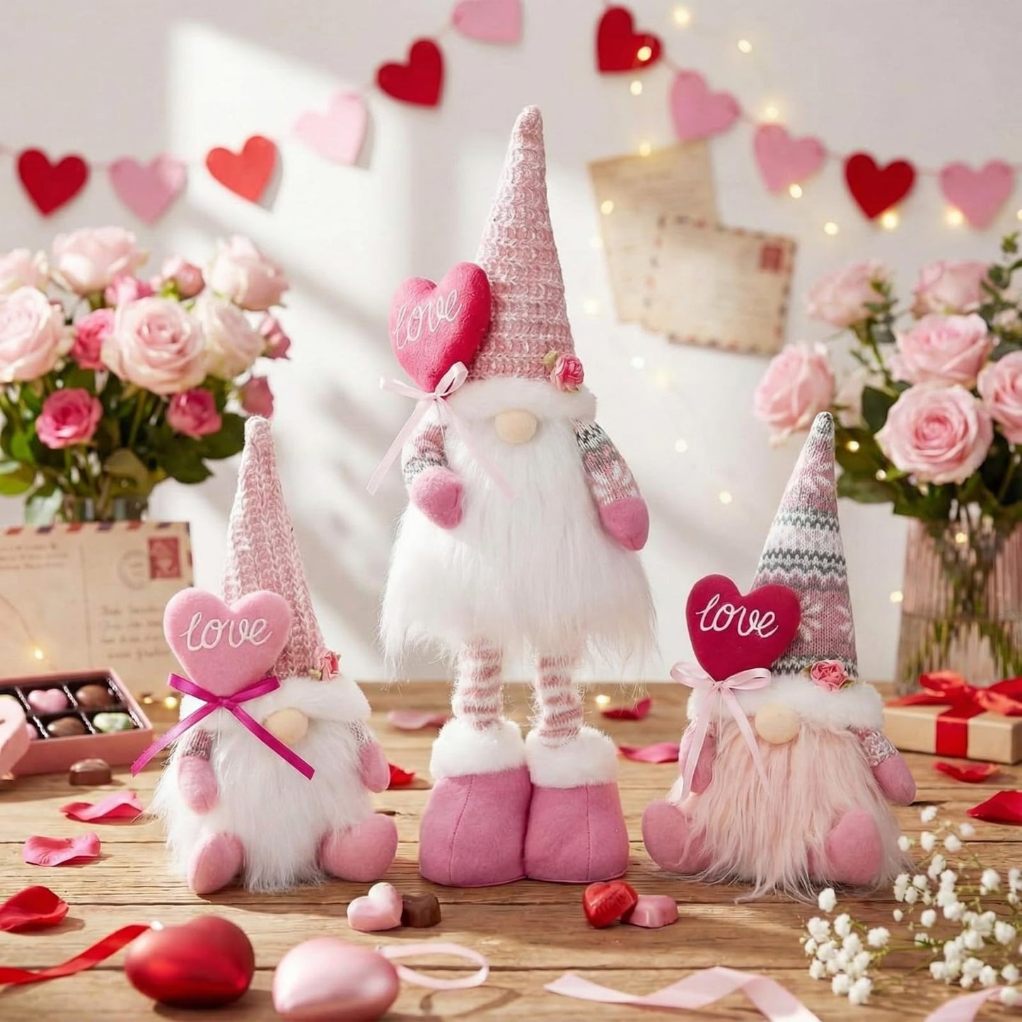 Sumind 3 Pcs Valentines Day Gnome Decorations Valentines Gnome Plush with Hearts Pink Handmade Gifts with Long Legs Table Tired Tray Decor Romantic Date Engagement Gift for Her Him