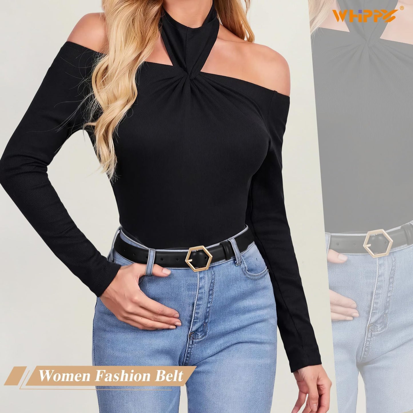 WHIPPY Skinny Leather Belt for Women Casual Waist Belt for Jeans Pants Fashion Ladies Thin Belt with Gold Buckle, Black, M