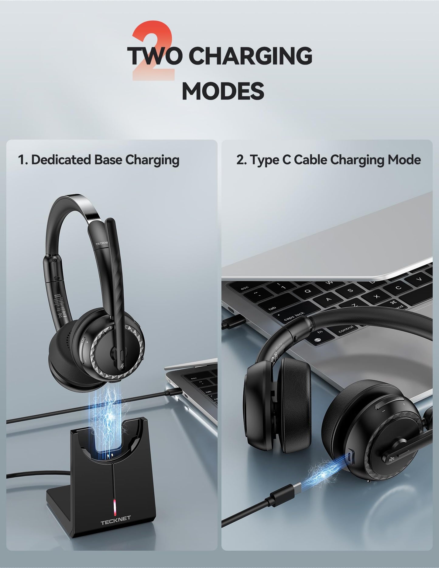 TECKNET Wireless Headset, 5.3 ENC Bluetooth Headset with Microphone, Computer Headset Rechargeable, USB Dongle, Charging Base, On-Ear Headphones for Trucker/Remote Work/Call Center