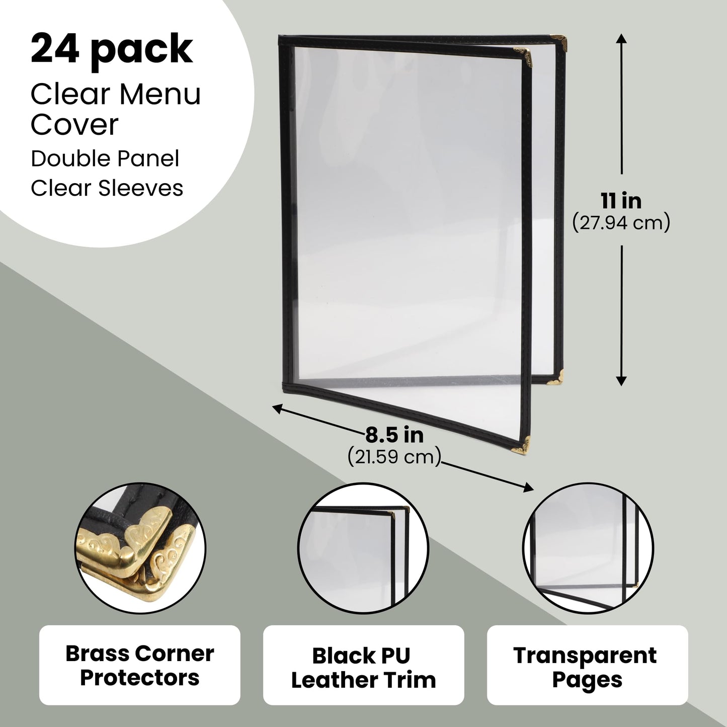 Juvale 24 Pack Clear Restaurant Menu Covers - 8.5 x 11 in Bifold Holders with Double Panels, Black PU Leather & Brass Corners, Durable PVC - Stylish Menu Holders for Restaurants, Cafes & Food Trucks