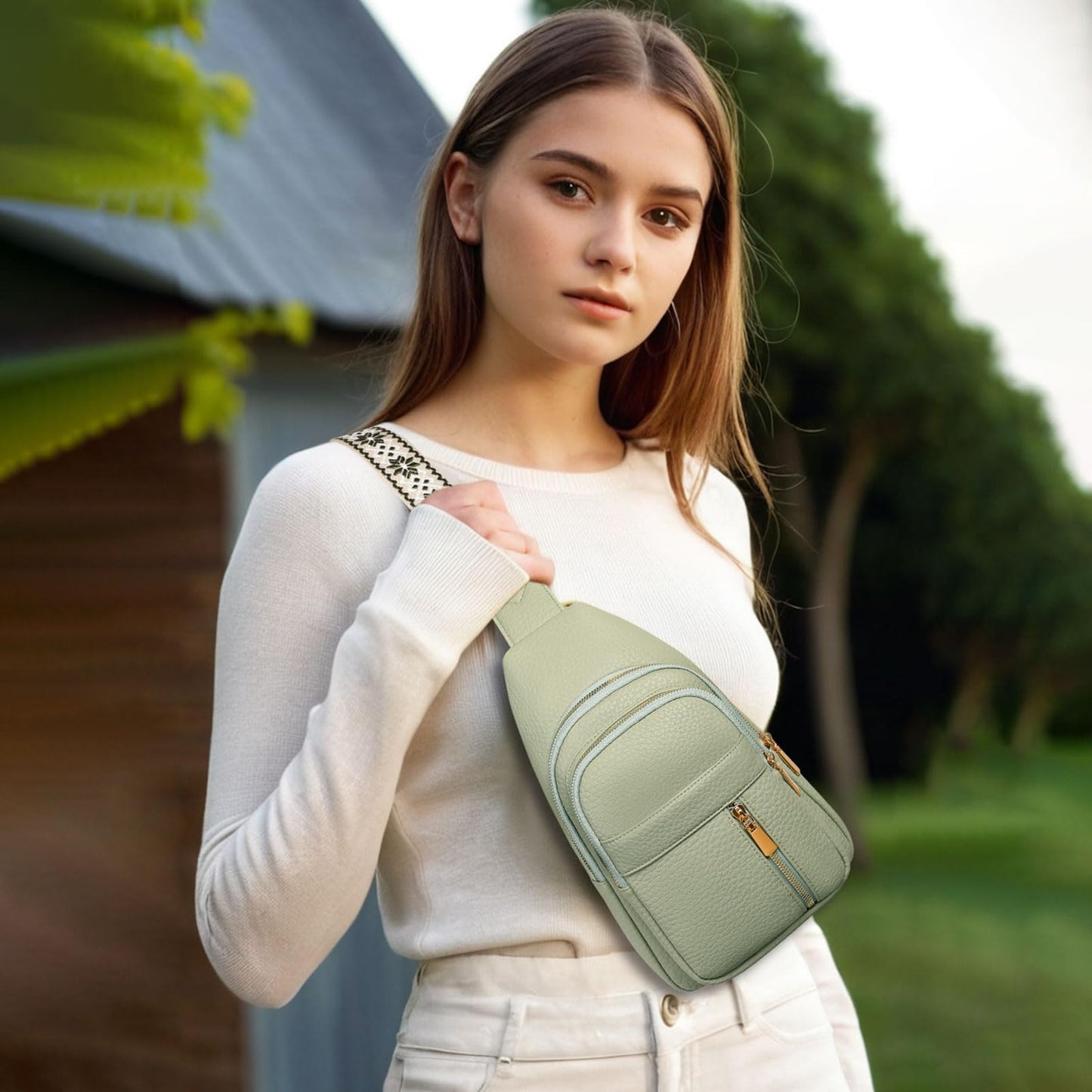 FALAN MULE Small Crossbody Sling Bags Fanny Packs Leather Purses Chest Bag for Women (Green)