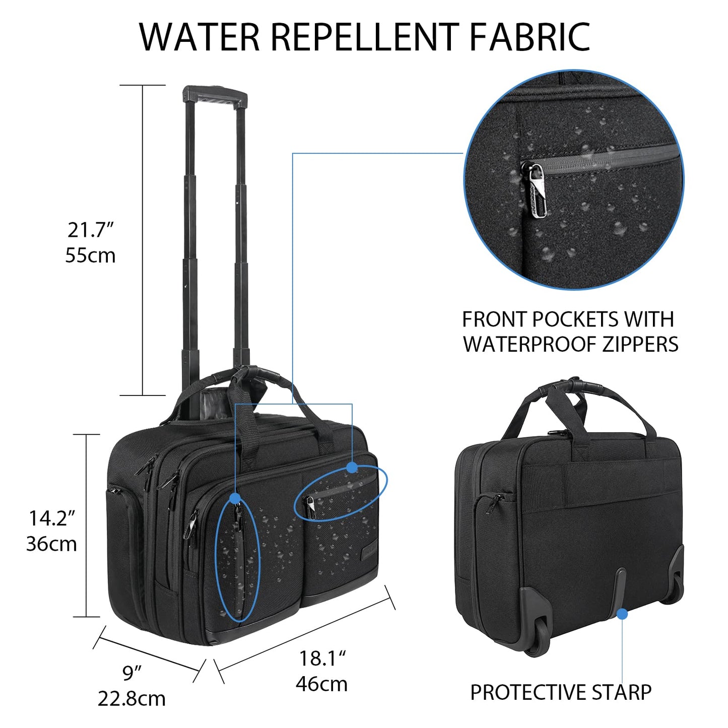 VANKEAN 17.3 Inch Rolling Laptop Bag, Waterproof Overnight Rolling Bags, Laptop Bags for Travel/Work/Business, Stylish Carry on Briefcase, Black